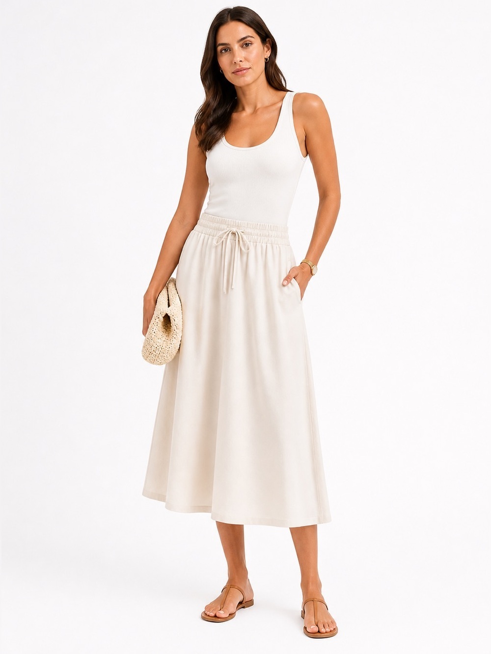 SPANX Luxe Drape Carry On Midi Skirt Cream M NWT